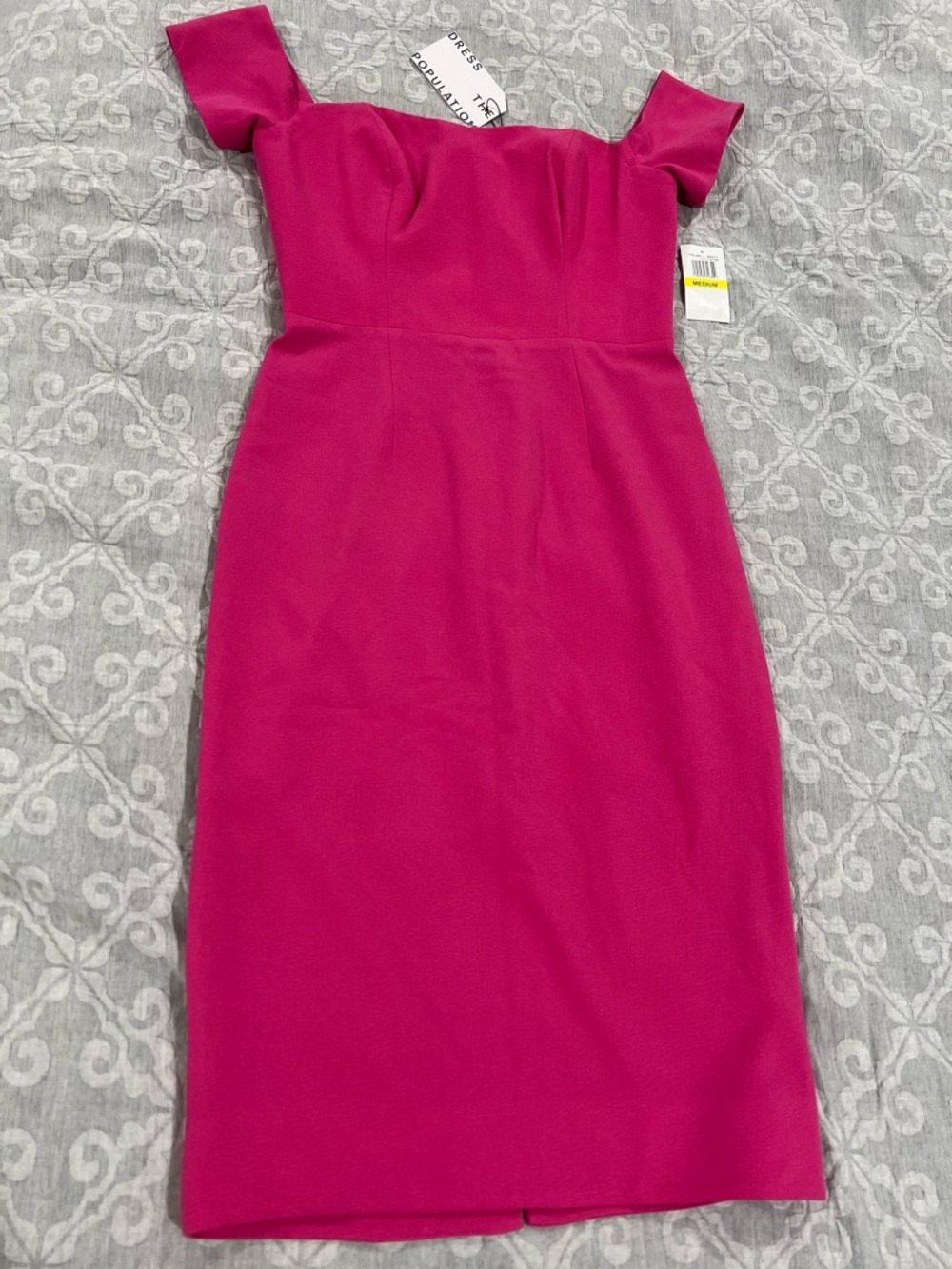 Dress the Population Fuchsia Off-Shoulder Midi Sheath Dress